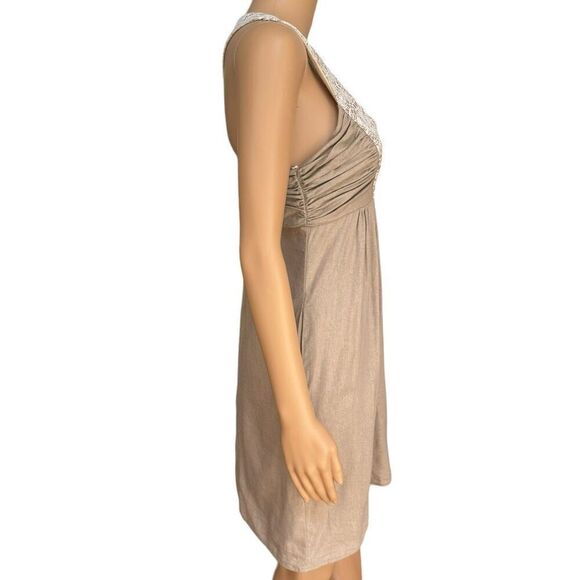 Anthropologie Molly New York Dress beige Gold Empire Waist Linen blend size 2 - Picture 2 of 8
